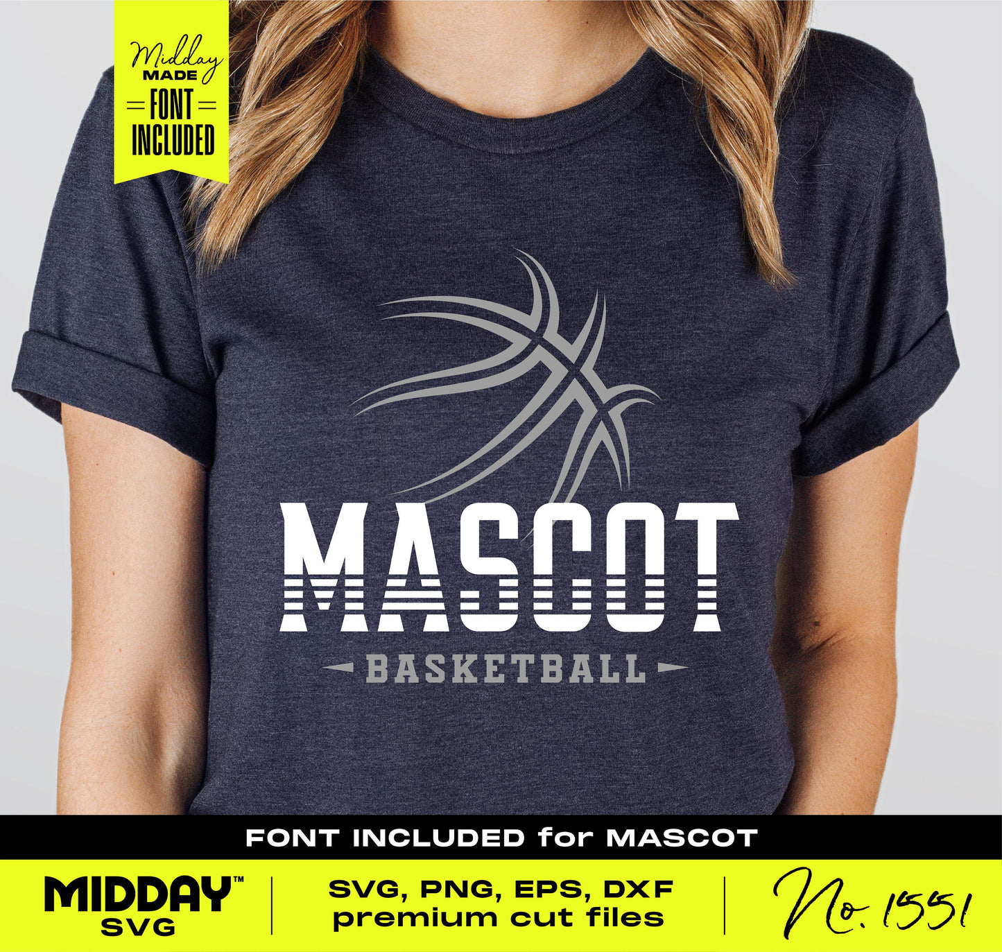 Woman wearing a navy t-shirt with a custom basketball logo design labeled 'Mascot Basketball'. Includes SVG files for Cricut. Font included.