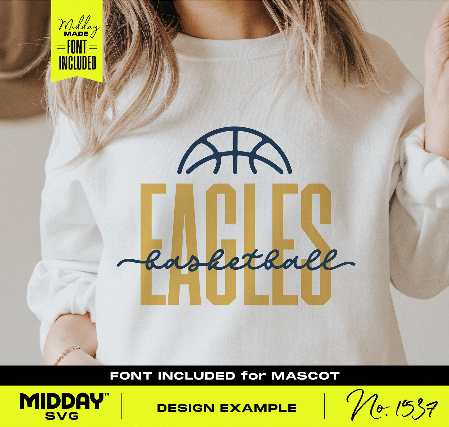Person wearing a sweater with "Eagles Basketball" design, showcasing a basketball team SVG design for Cricut and crafting.