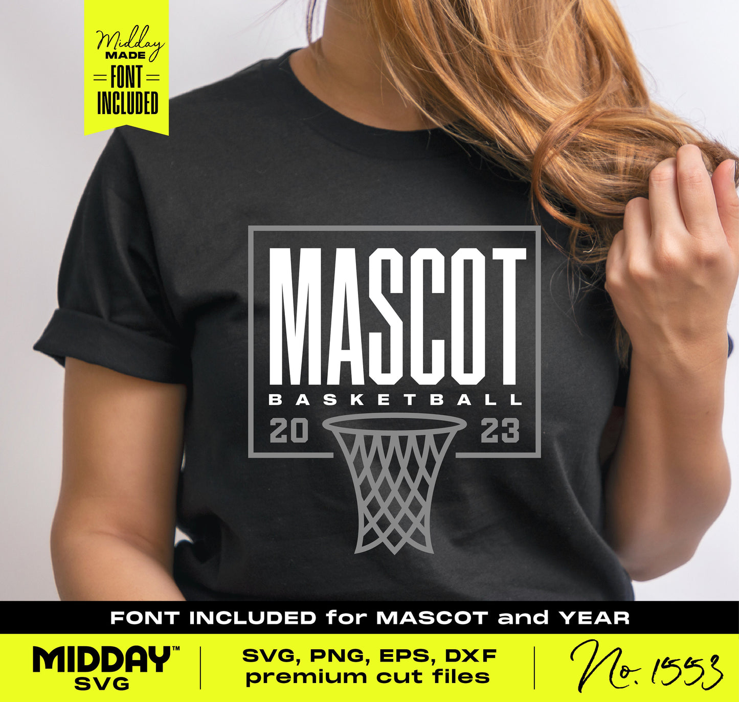 Woman wearing black t-shirt with 'Mascot Basketball 2023' logo design, featuring a basketball hoop graphic. Includes SVG, PNG, EPS, DXF formats.