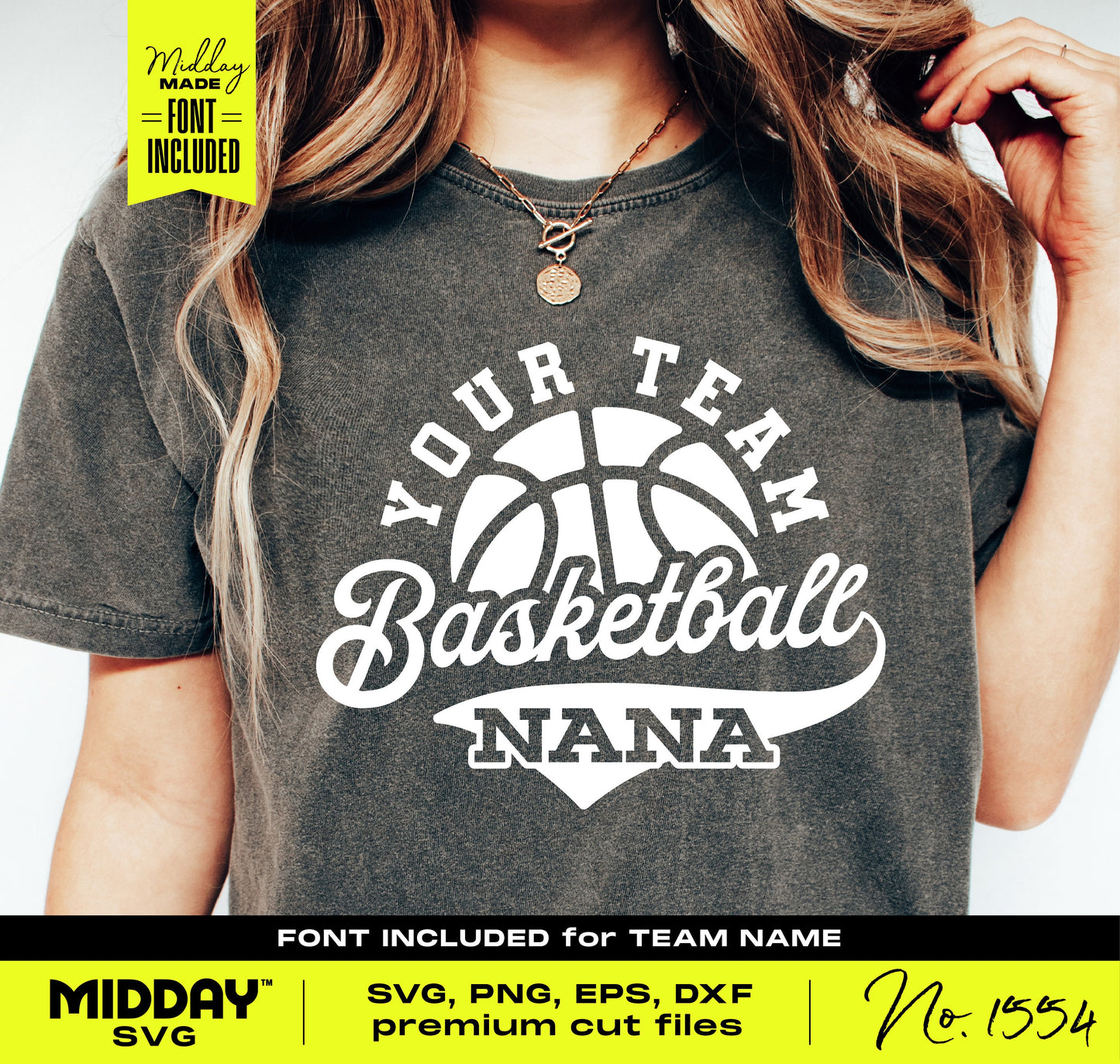 Woman wearing a 'Your Team Basketball Nana' shirt, part of a digital SVG bundle for Cricut and Silhouette cutting machines.