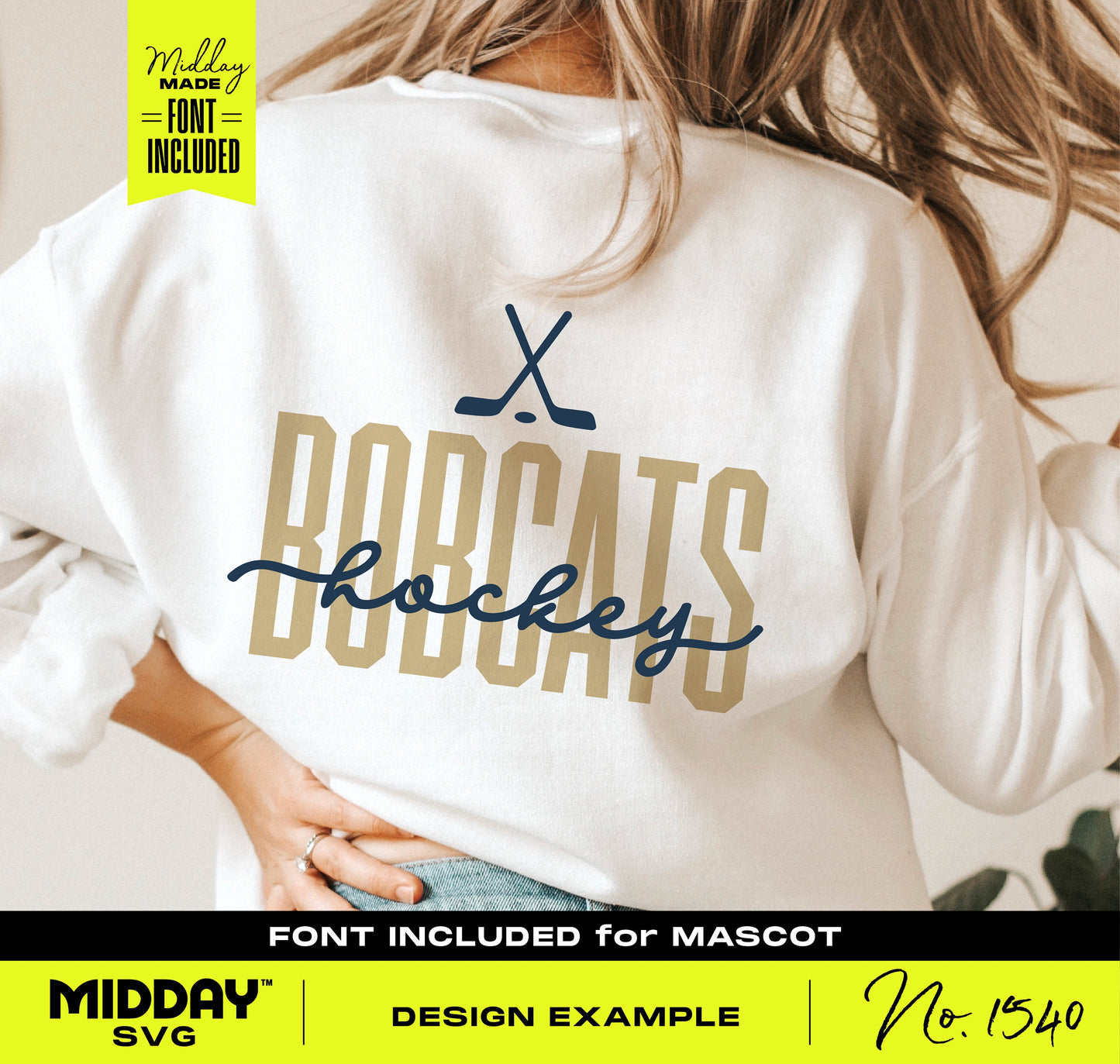 Woman wearing shirt with Bobcats hockey design, SVG font included for Cricut and Silhouette, sporty team apparel template.