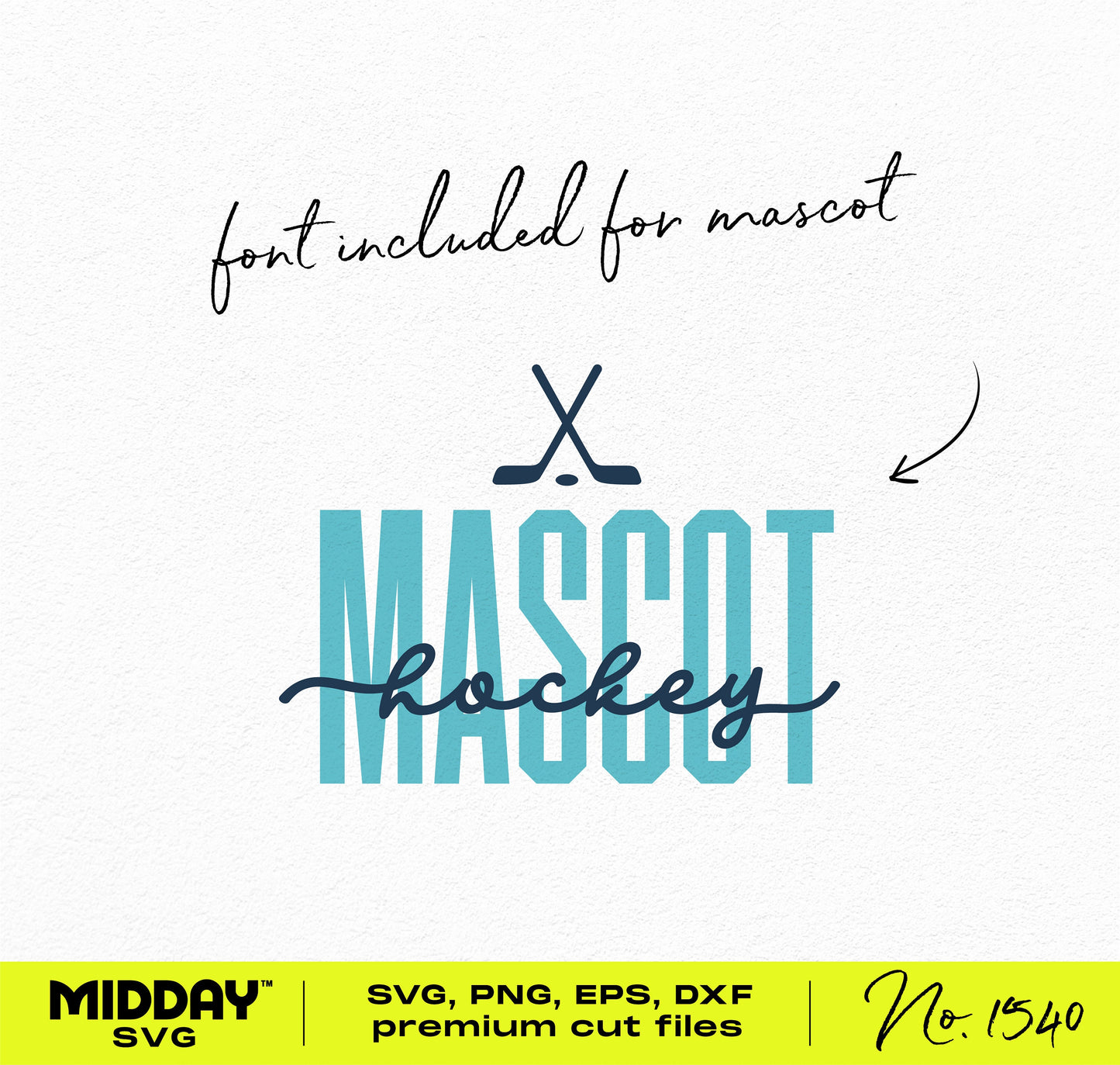 Hockey mascot SVG design with included font, available in SVG, PNG, EPS, DXF formats for Cricut and Silhouette.