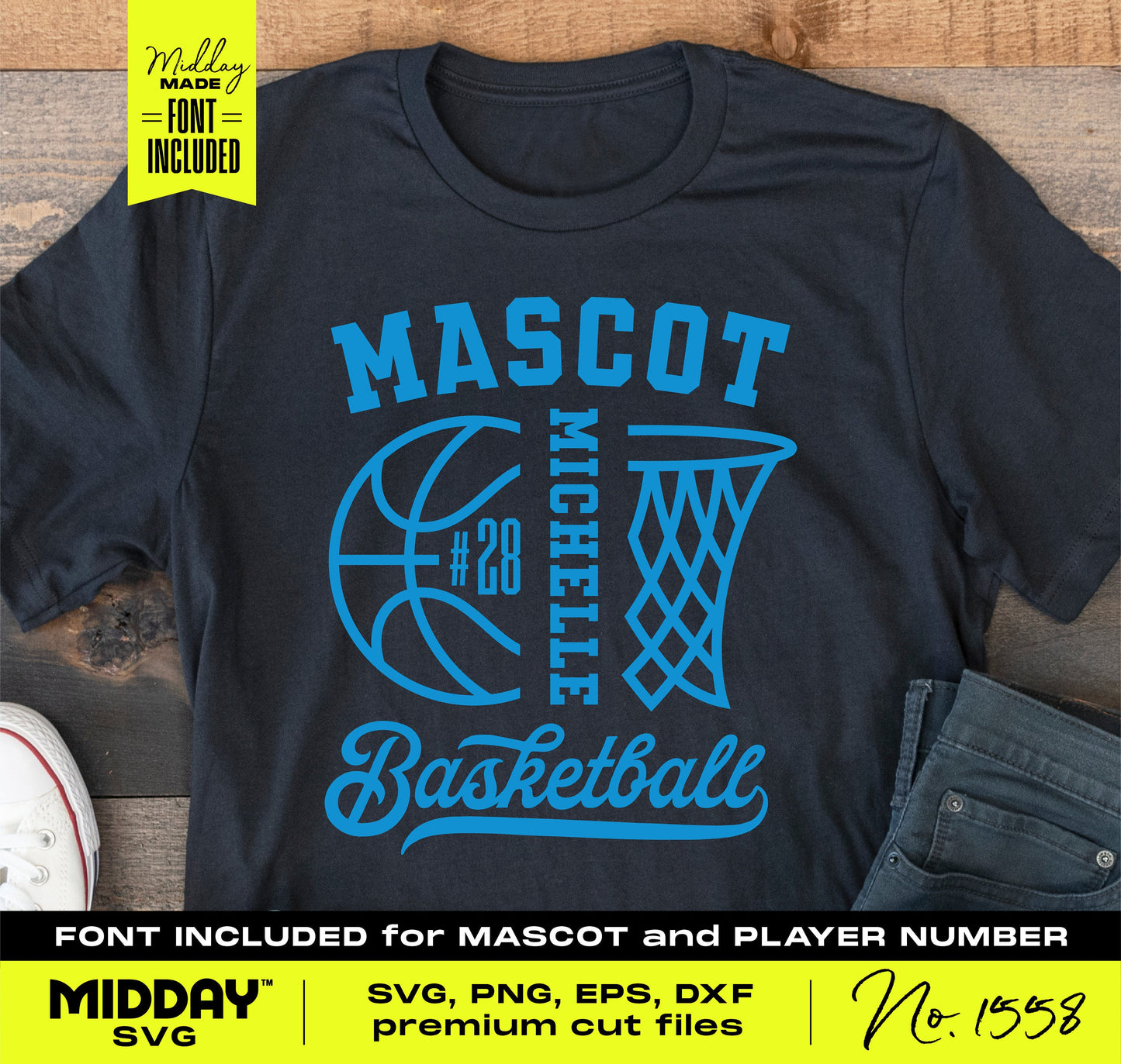 Black t-shirt with custom basketball SVG design featuring team name, player number, and basketball graphics for DIY projects.