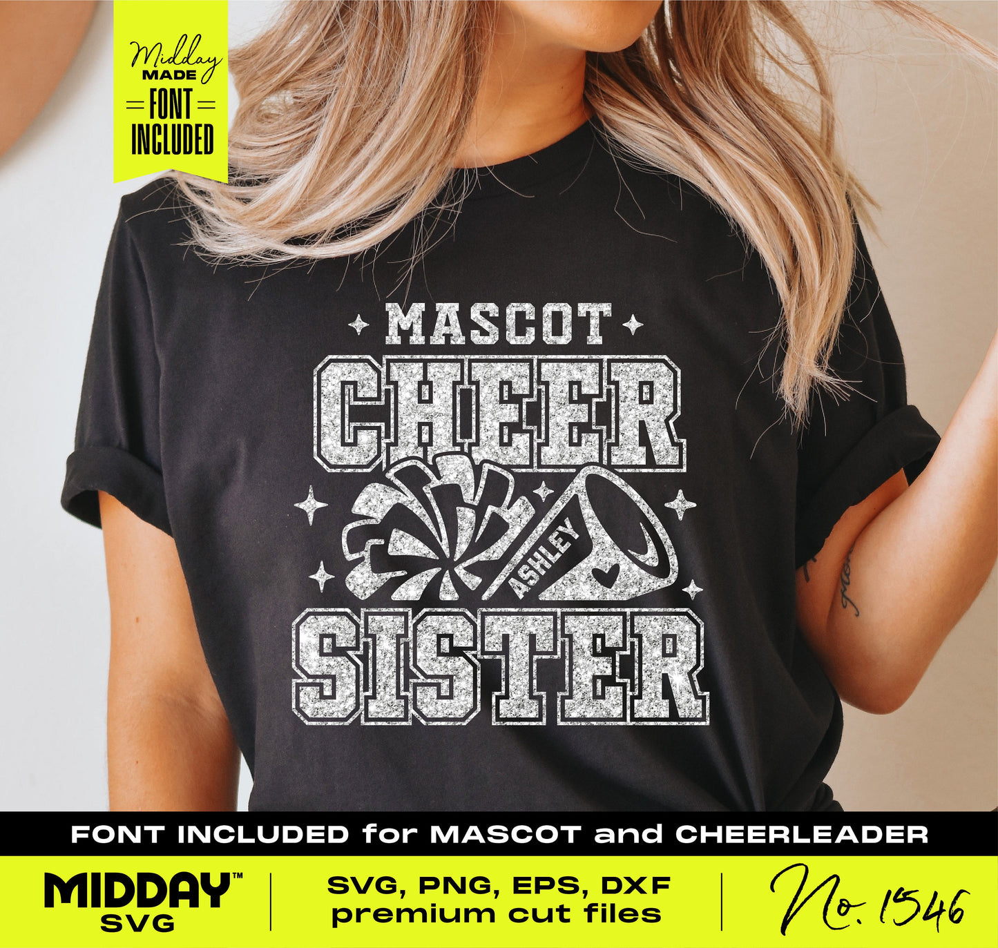 Black t-shirt with 'Cheer Sister' design featuring a megaphone and pom-pom, digital cut file for Cricut and Silhouette crafting.