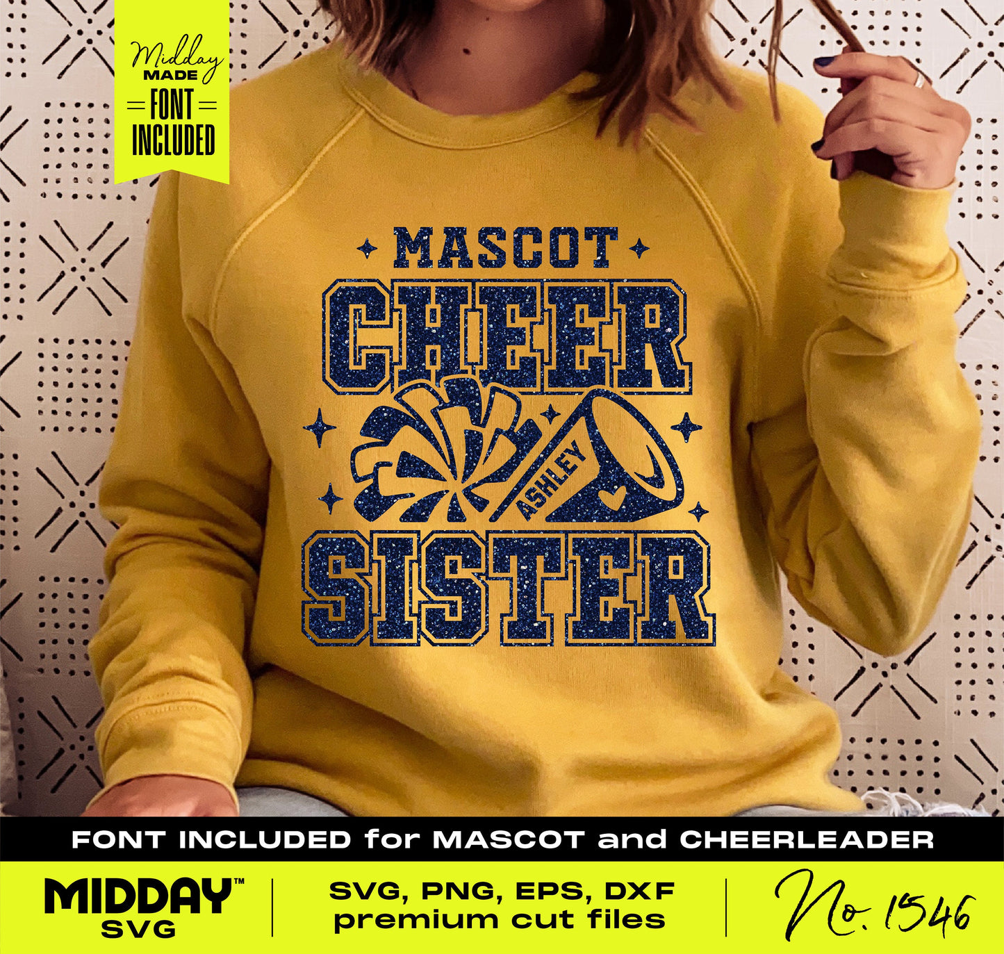Yellow sweatshirt featuring 'Cheer Sister' design with megaphone and pom pom accents, ideal for cheer team shirts.