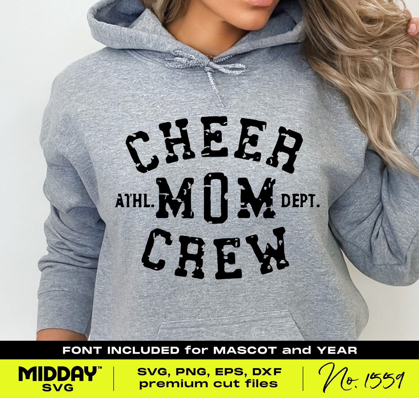 Gray hoodie featuring "Cheer Mom Crew" design for cheerleading moms, available in SVG, PNG, EPS, and DXF formats for Cricut and Silhouette.