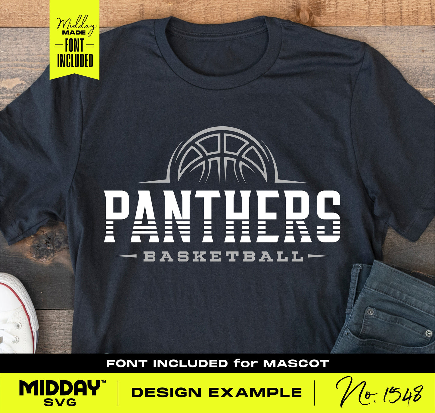 Basketball t-shirt displaying 'Panthers Basketball' logo design example, featuring bold text and a basketball graphic. Font included for mascot.