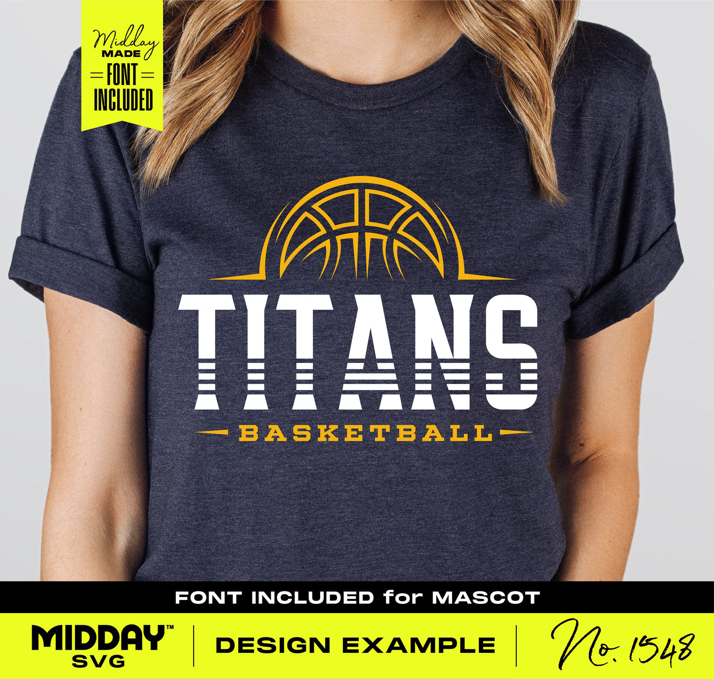 Woman wearing dark shirt with "TITANS BASKETBALL" design and mascot logo, suitable for SVG Cricut projects.