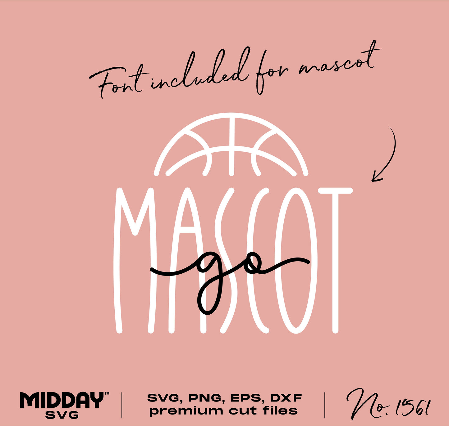 Pink background showing basketball design with customizable mascot font. Includes SVG, PNG, EPS, DXF formats by Midday SVG.