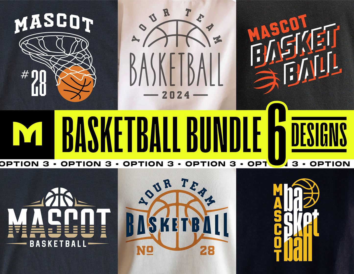 Basketball bundle SVG designs featuring 6 team logo options for customizable shirts and Cricut projects.