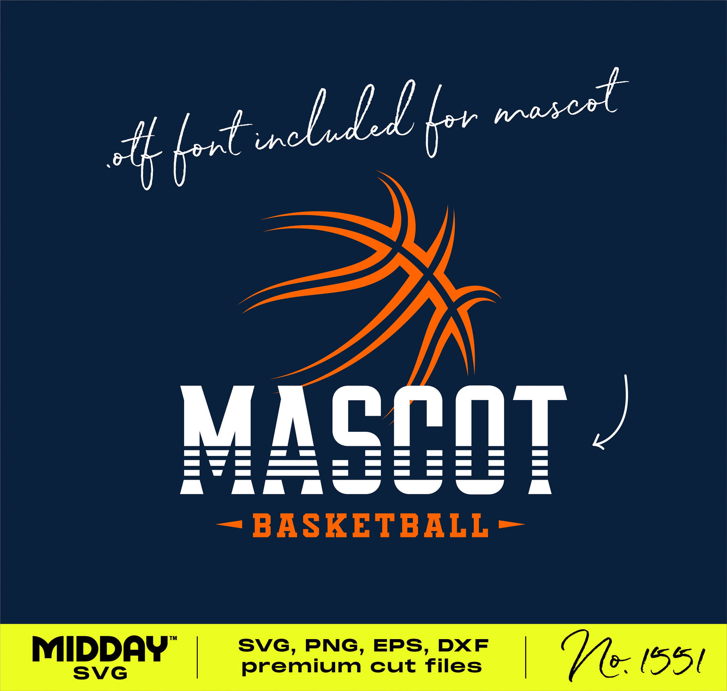 SVG file showing a basketball logo with the word 'Mascot' in bold, orange lines forming a basketball shape above. Font file included.