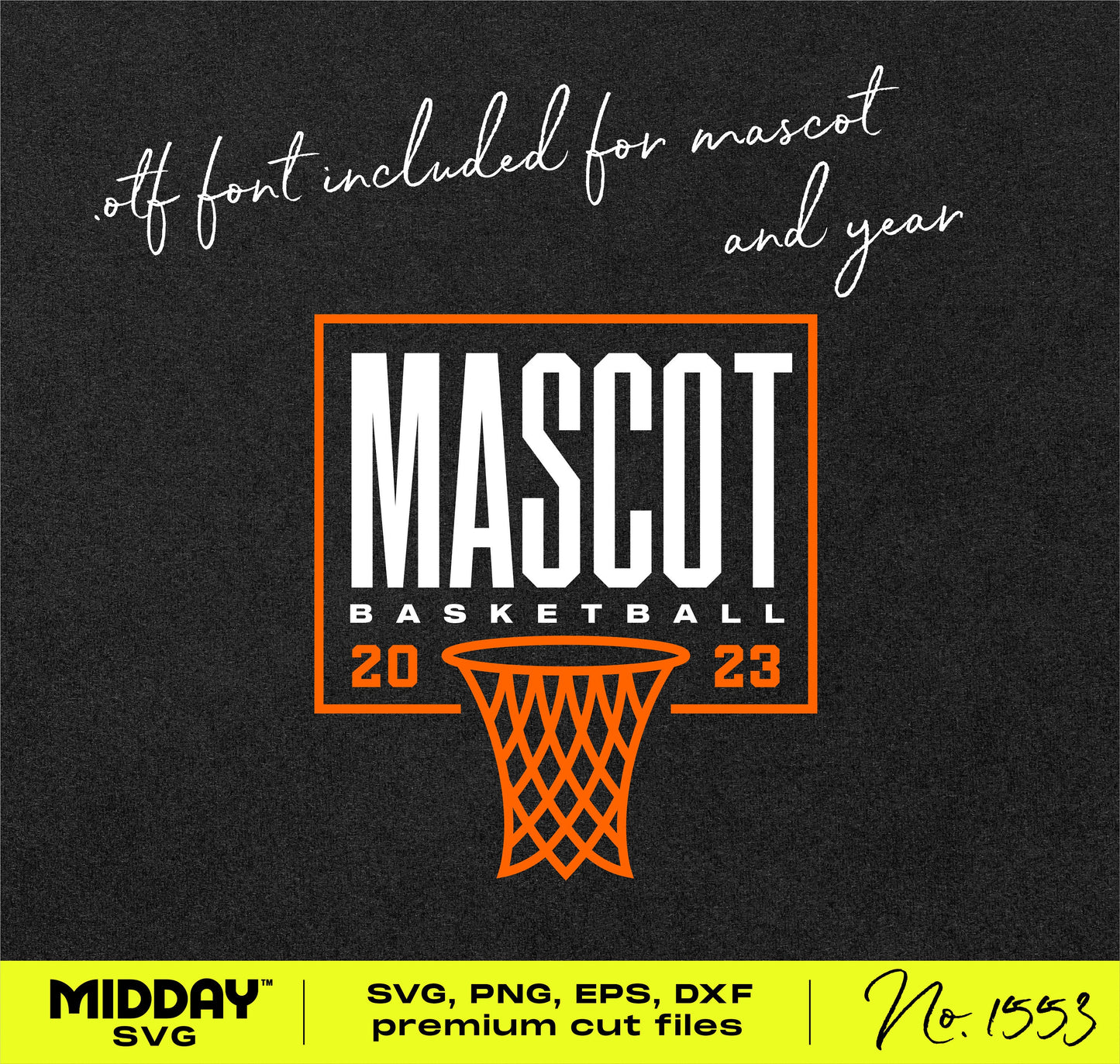 Basketball logo SVG with net and mascot text, includes .otf font for customization, available in SVG, PNG, EPS, DXF formats.