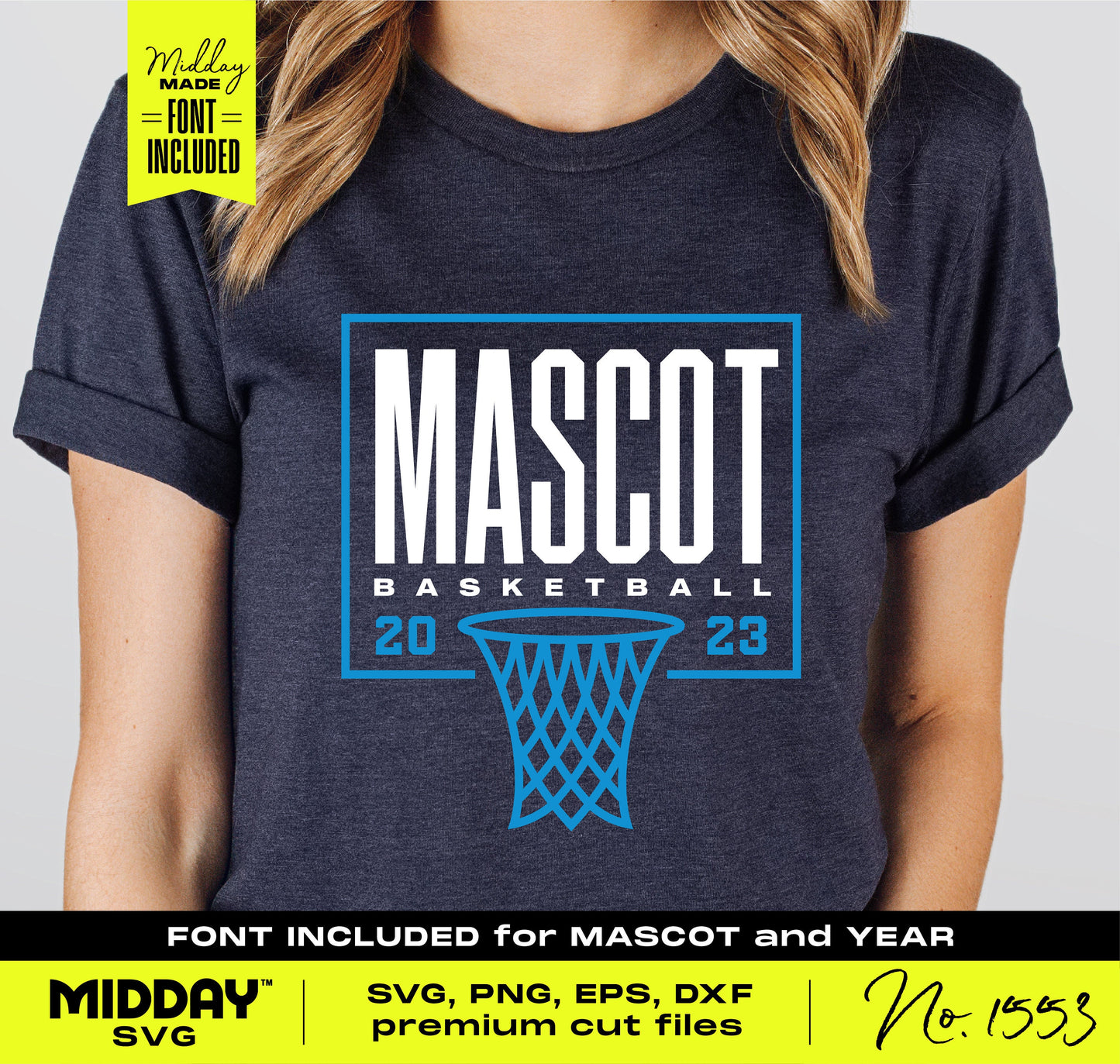 Person wearing a dark t-shirt featuring a "Mascot Basketball 2023" design with a blue basketball hoop graphic. Font included for customization.