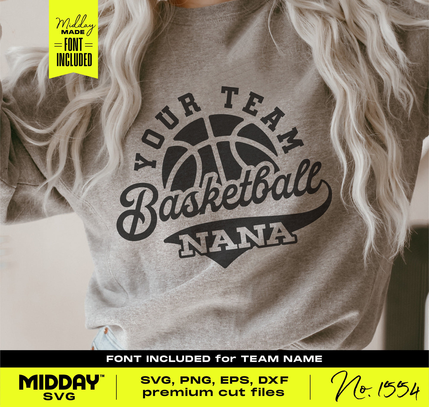 Gray shirt with 'Your Team Basketball Nana' design, includes SVG, PNG, EPS, DXF formats for Cricut and Silhouette crafting projects.