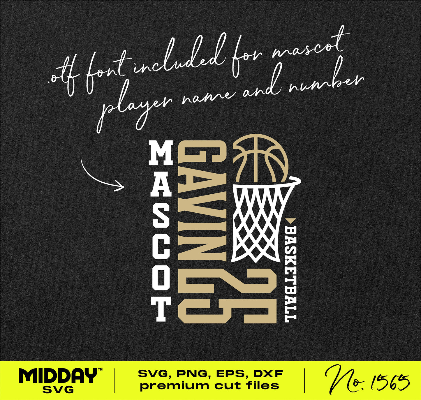 Customizable basketball team template with SVG, PNG, and OTF fonts for player name, number, mascot design by Midday SVG.
