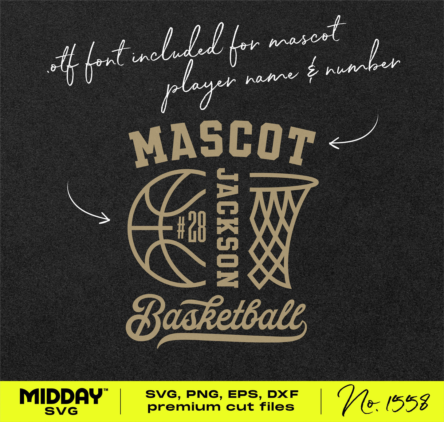 Basketball SVG design template with mascot logo, player name and number, featuring basketball and hoop graphics; suitable for Cricut and Silhouette.