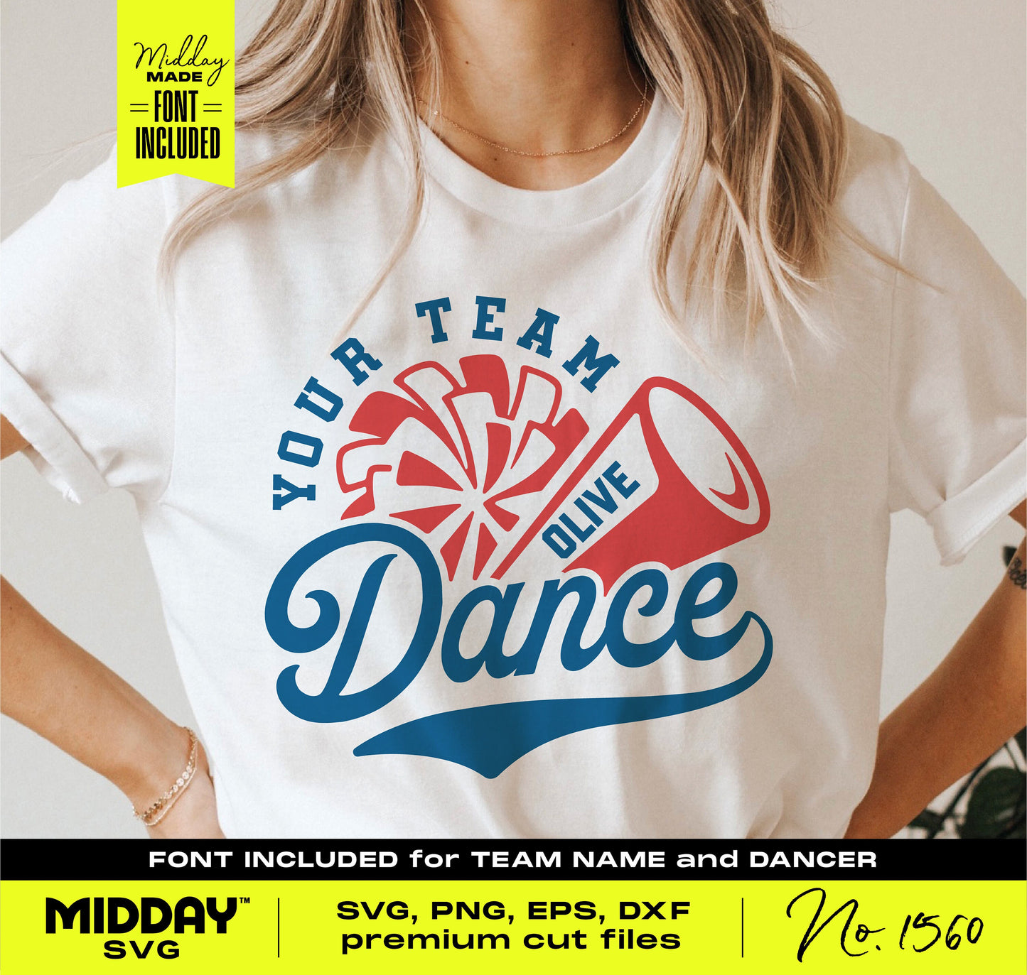 White t-shirt with customizable cheer and dance team SVG design, featuring a pom-pom and megaphone graphic, for DIY crafting.
