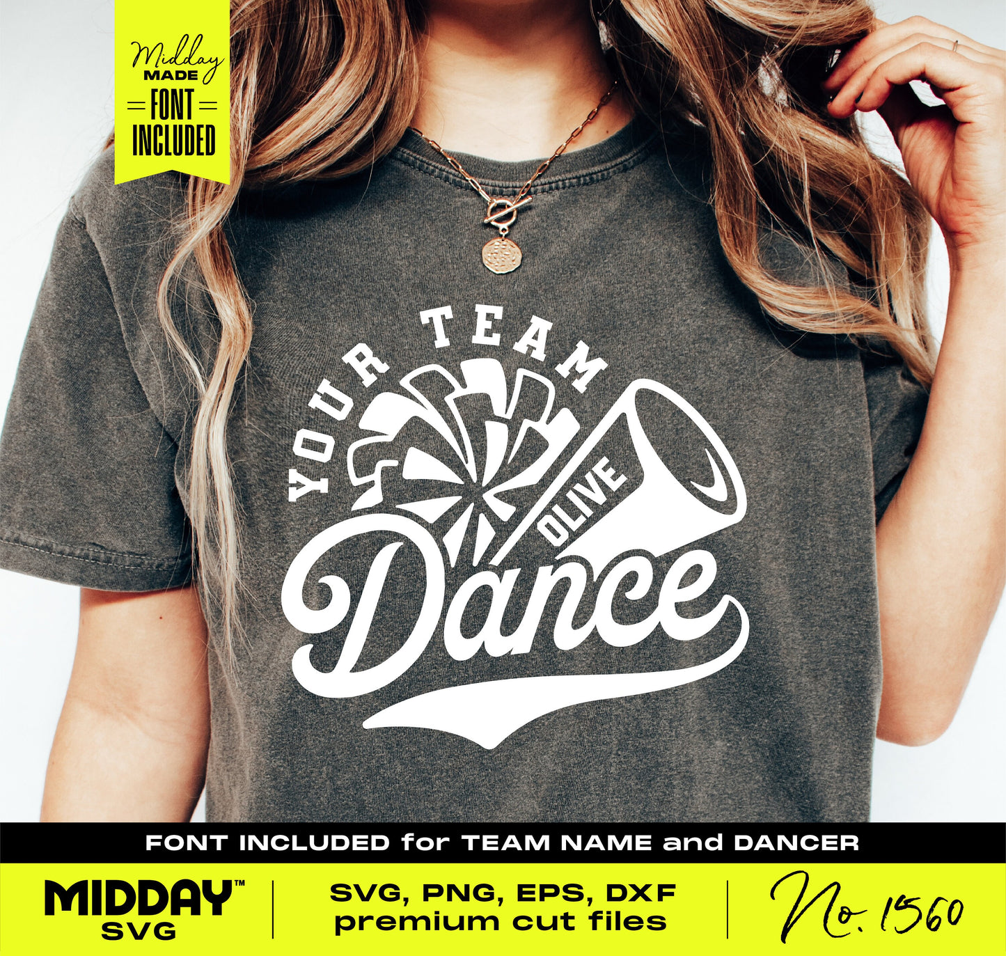 Dance team SVG design on t-shirt with cheer elements; suitable for Cricut, Silhouette, and sublimation projects.