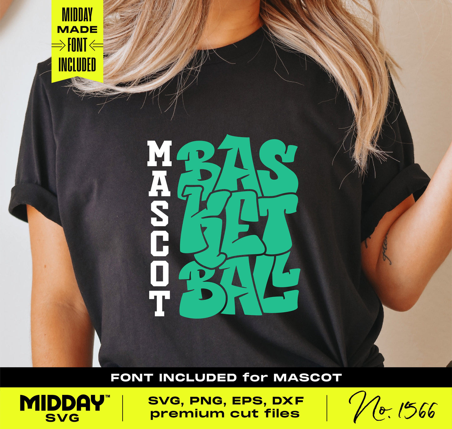 Black shirt with 'Mascot Basketball' graffiti design, SVG font included, No. 1566. Includes SVG, PNG, EPS, DXF cut files by Midday SVG.