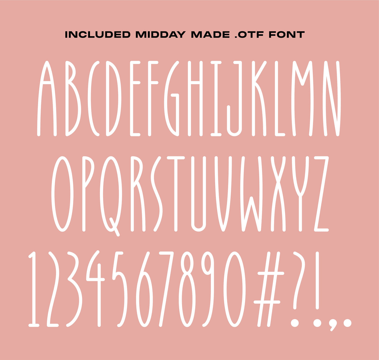 Midday Made OTF font display with alphabet, numbers, and symbols on pink background.