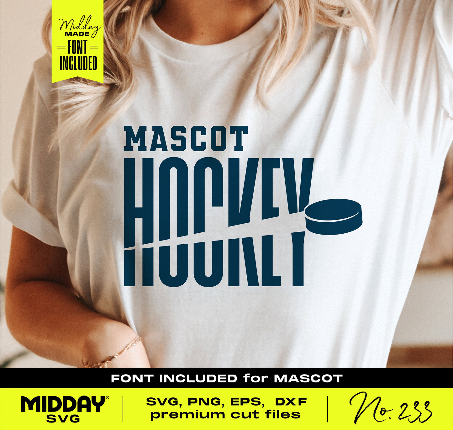 Person wearing a t-shirt with 'Mascot Hockey' design, part of the Hockey SVG Bundle for crafting and decor.