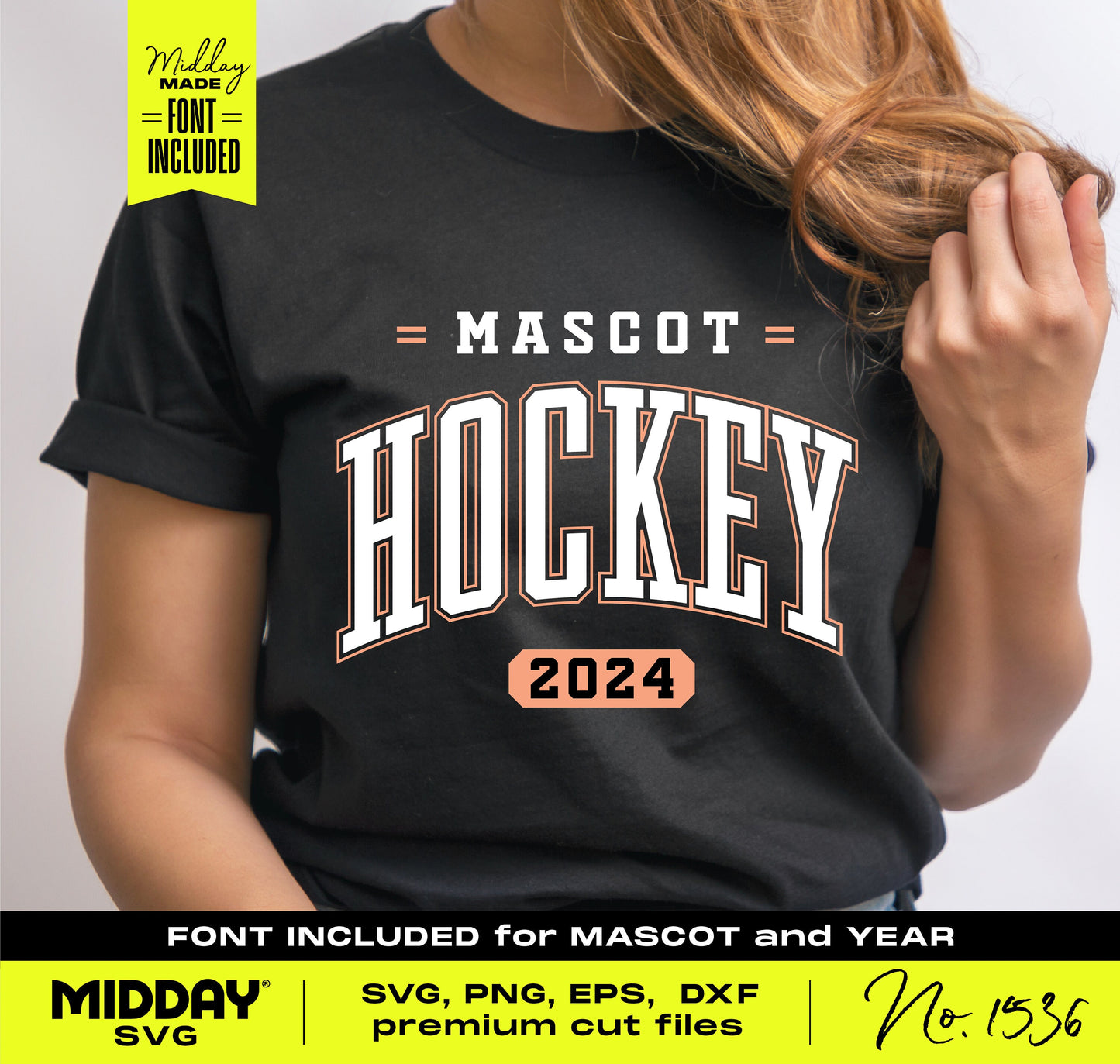 Person wearing a black t-shirt with 'Mascot Hockey 2024' design, showcasing included fonts, ideal for shirt crafting and Cricut projects.