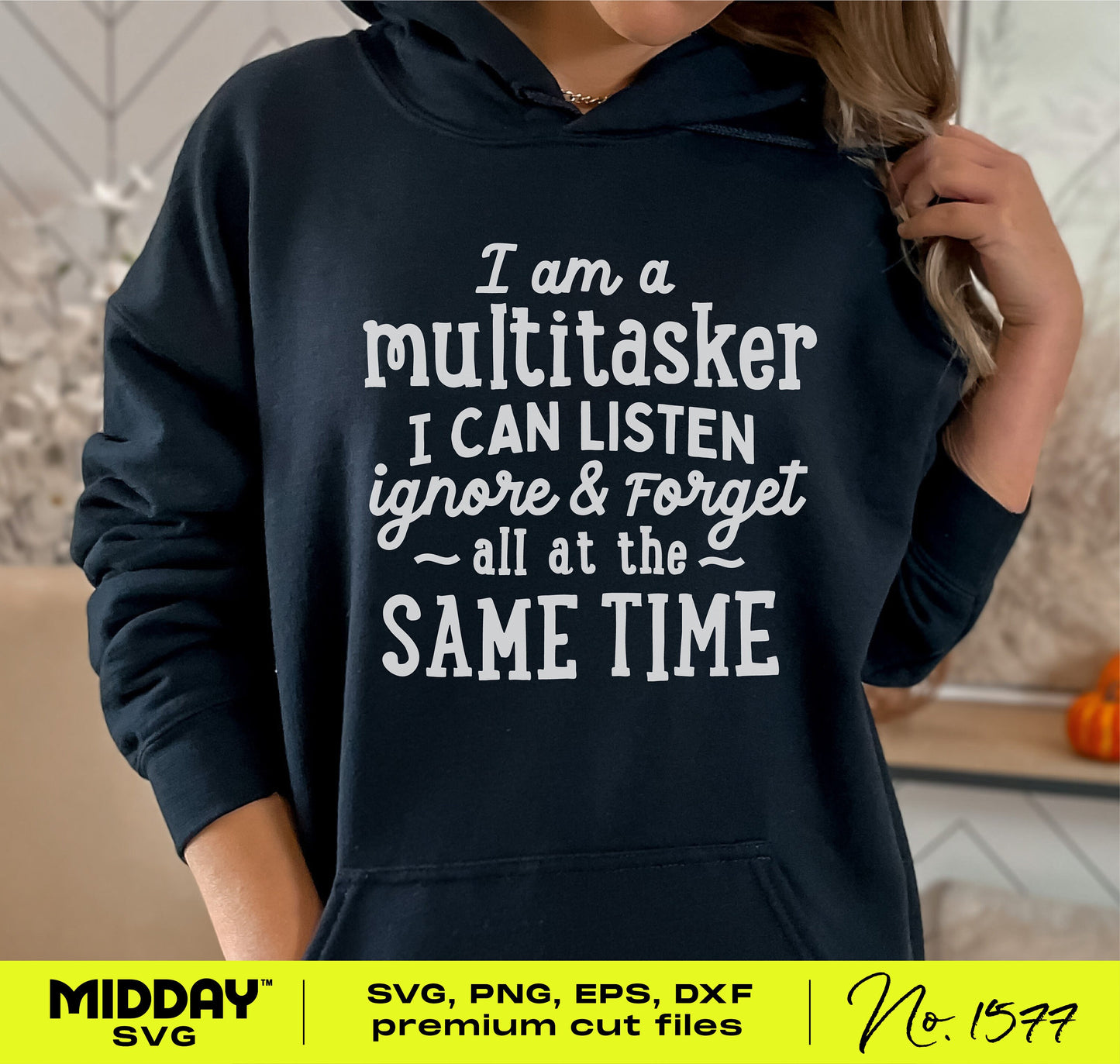 Black hoodie with humorous multitasking quote, highlighting wit and playfulness in SVG designs.
