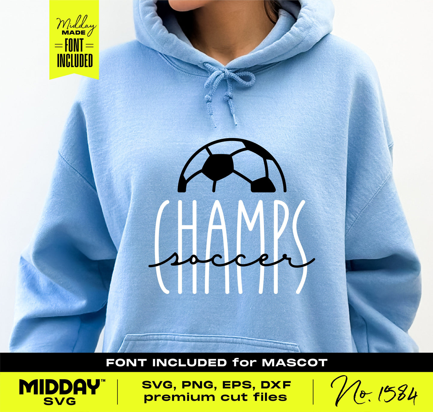 Blue hoodie featuring soccer ball design and 'Champs Soccer' text, part of customizable soccer team gear SVG template with font included.