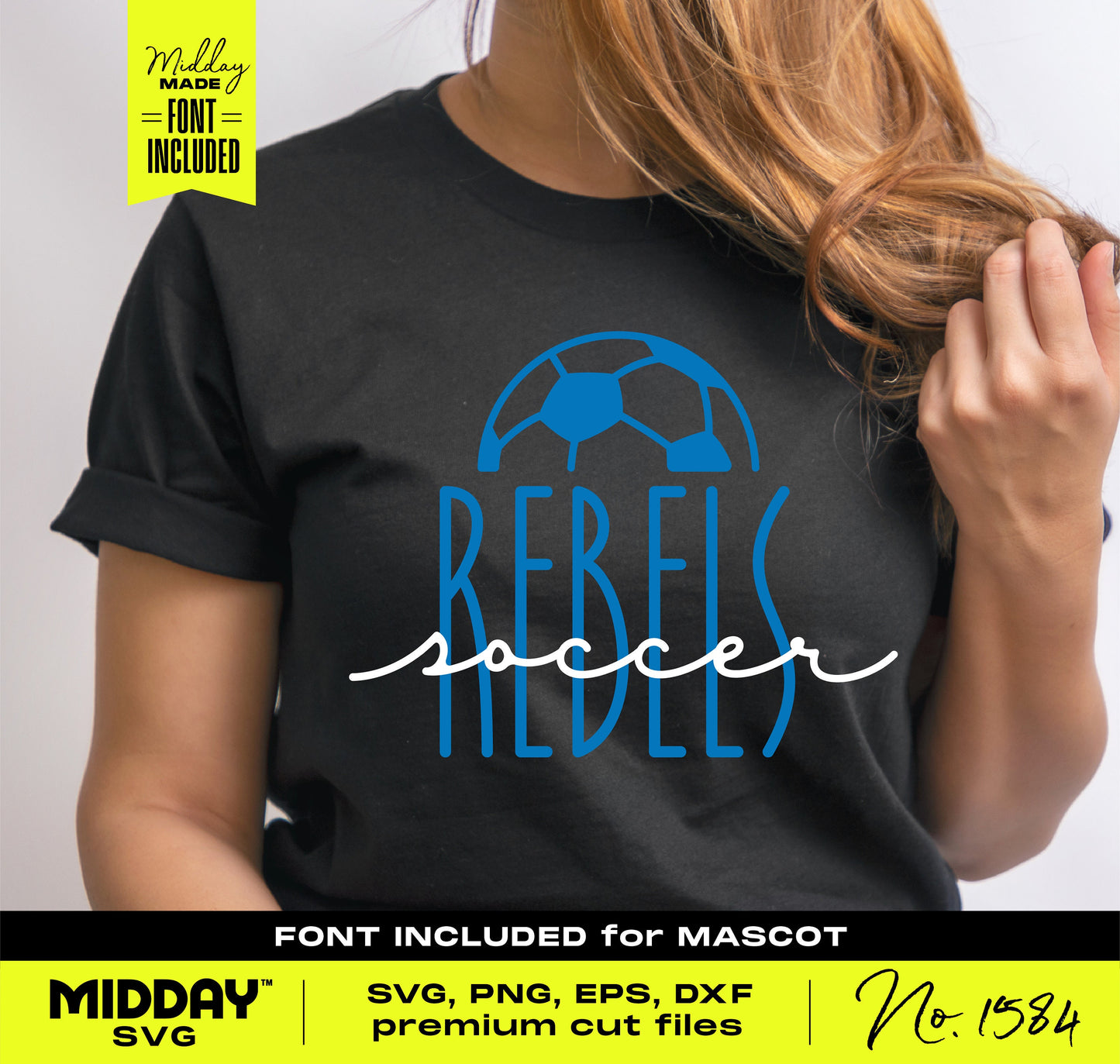 Woman wearing a black t-shirt featuring customizable soccer team name template with bold 'REBEL' font and soccer graphic, SVG format included.