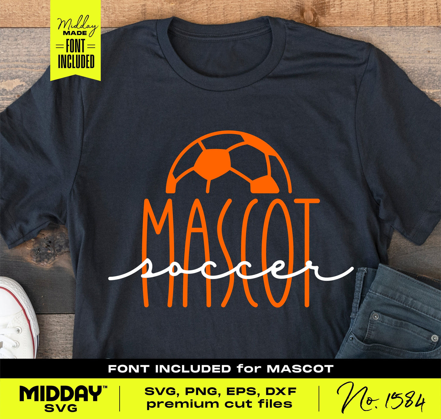 Soccer team gear T-shirt with SVG template design featuring "Mascot" and soccer ball, includes customizable font for team names.