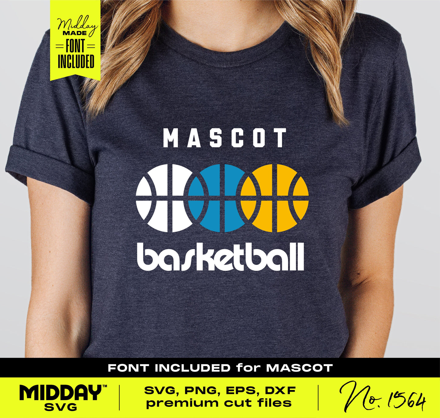 Customizable geometric basketball team shirt design with vibrant blue, white, yellow balls. Perfect for SVG, PNG team logos.