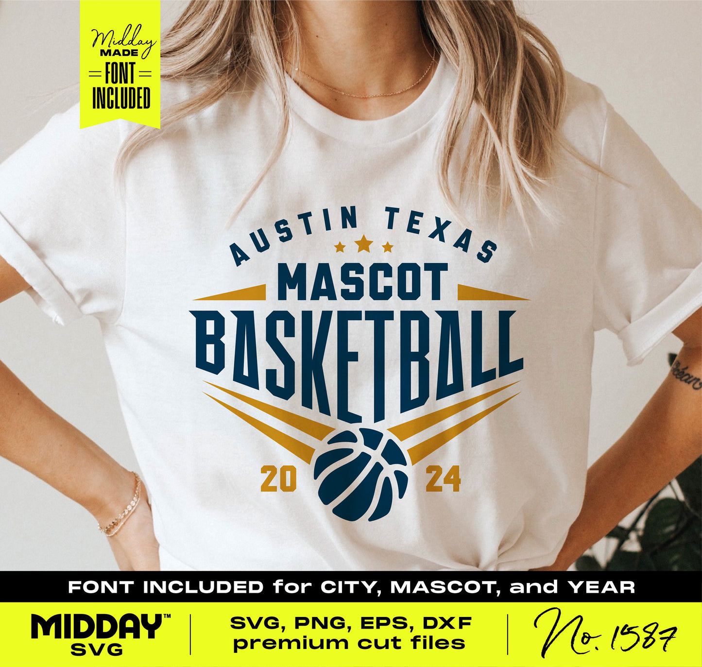 T-shirt with bold basketball design featuring Austin Texas and Mascot Basketball 2024, ideal for team apparel.