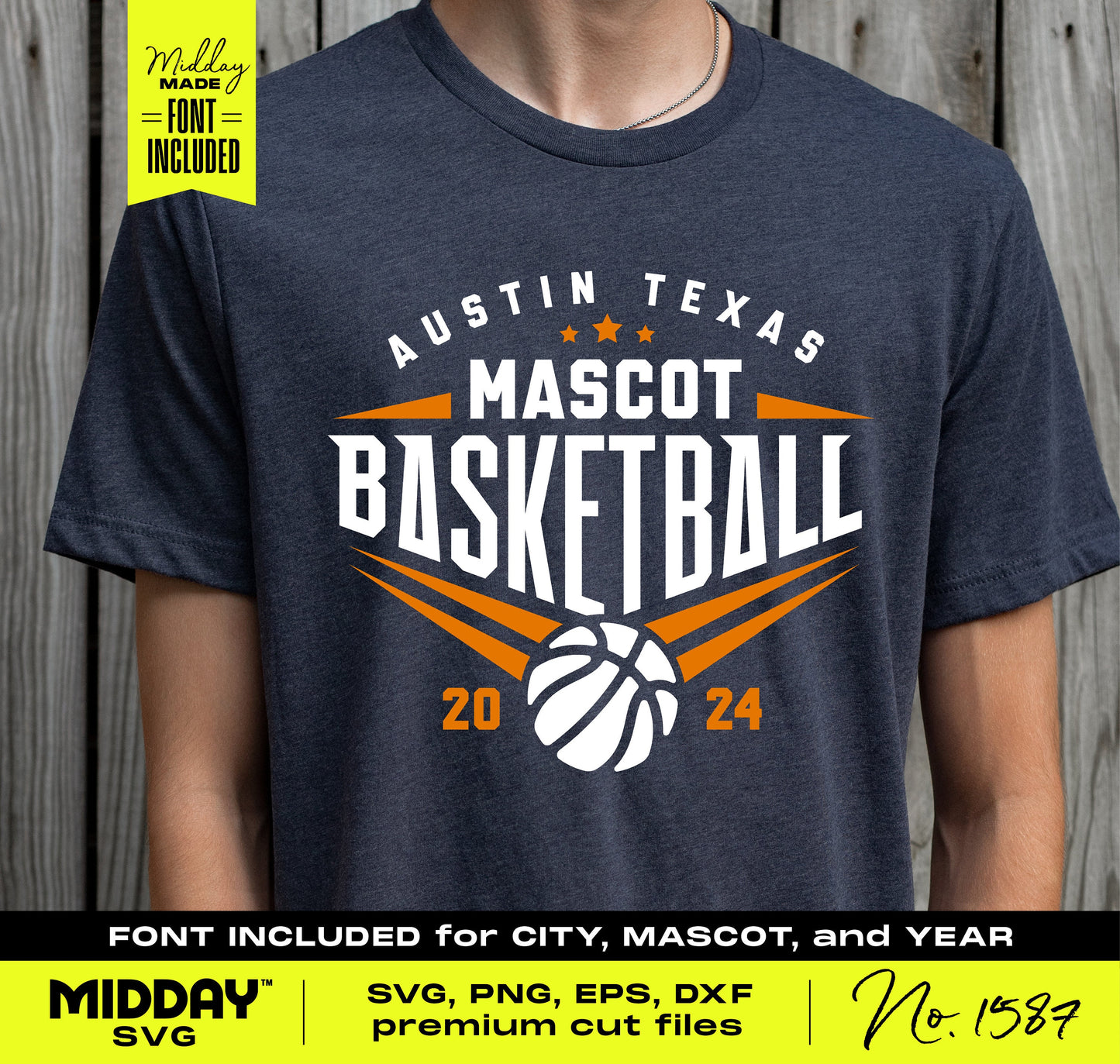 Basketball t-shirt design featuring 'Austin Texas Mascot Basketball 2024' with bold SVG graphic and customizable .otf font included.