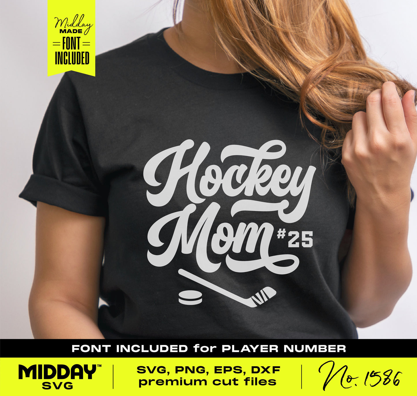 Woman wearing a black t-shirt featuring 'Hockey Mom #25' design in dazzling lettering, ideal for hockey-loving moms. Font included for player number.