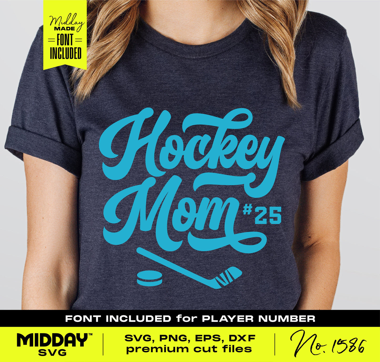 Woman wearing a t-shirt with blue Hockey Mom SVG graphic featuring lettering and a hockey stick design.