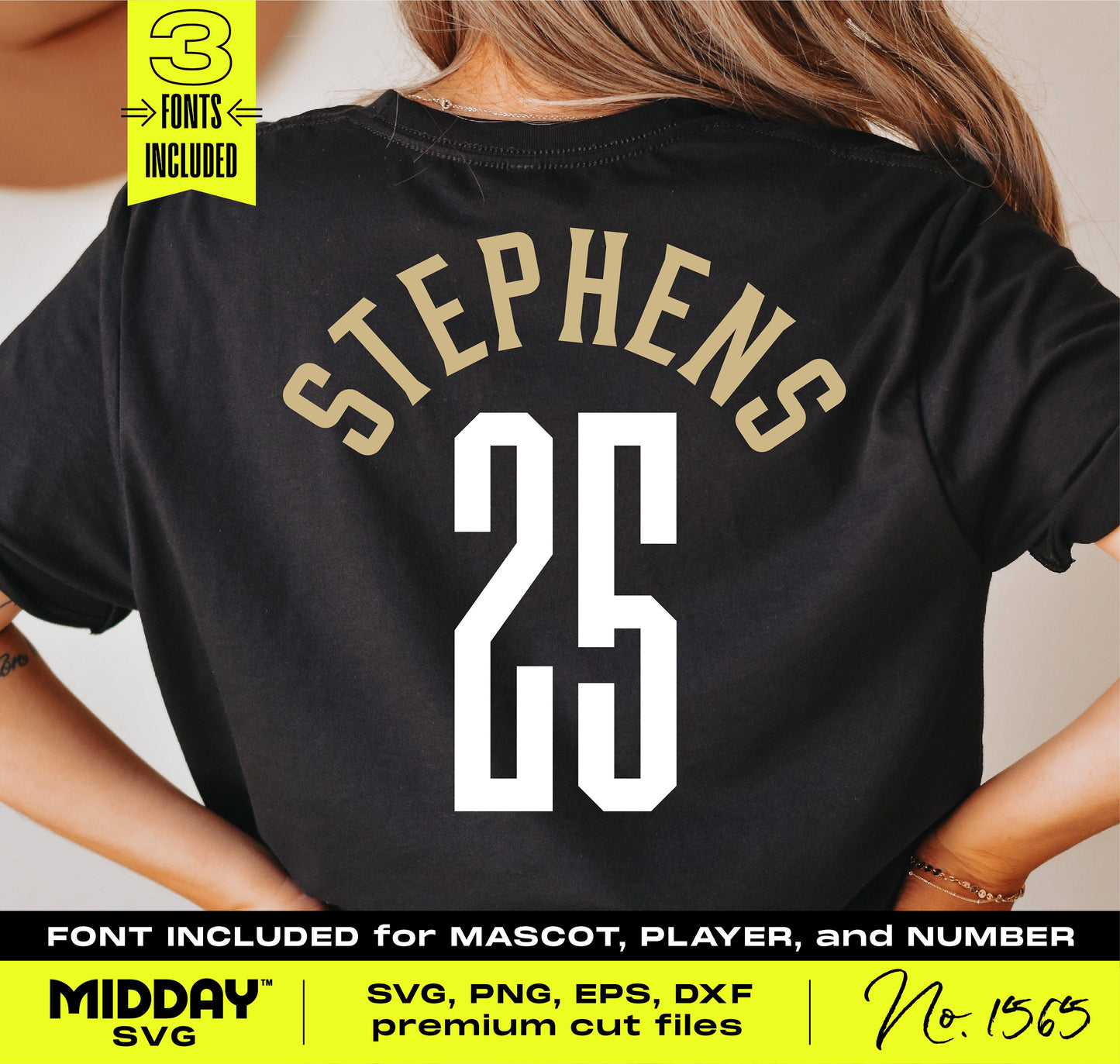 Customizable basketball team shirt with player name 'Stephens' and number '25', featuring three included fonts for Cricut and Silhouette crafting.