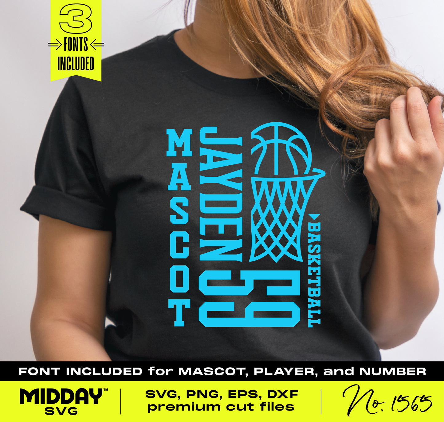 Customizable basketball team template SVG on t-shirt with player name, mascot, and number. Includes three fonts for personalization.
