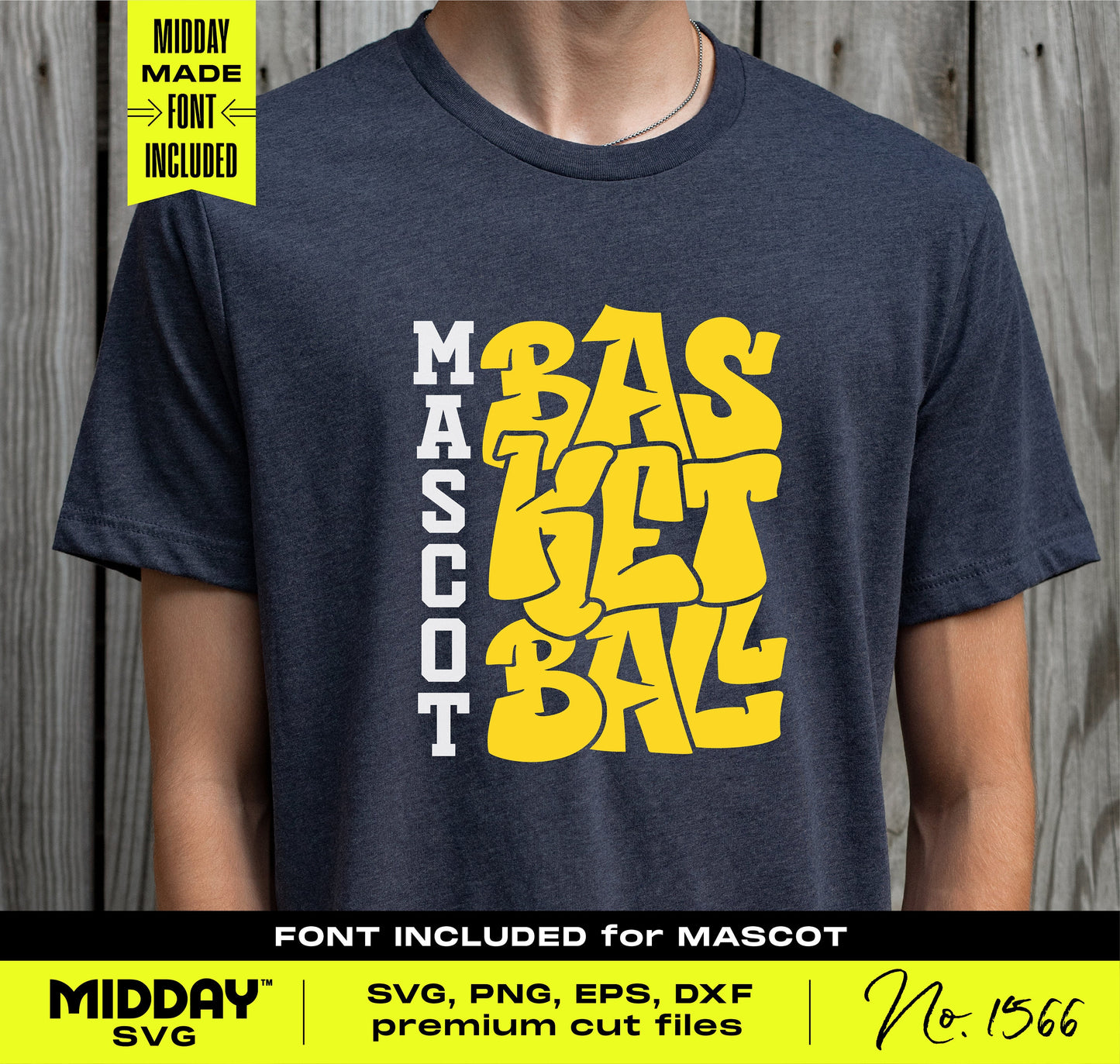 Gray t-shirt with yellow graffiti-style 'Mascot Basketball' text, SVG/PNG, premium cut files for Cricut and Silhouette.
