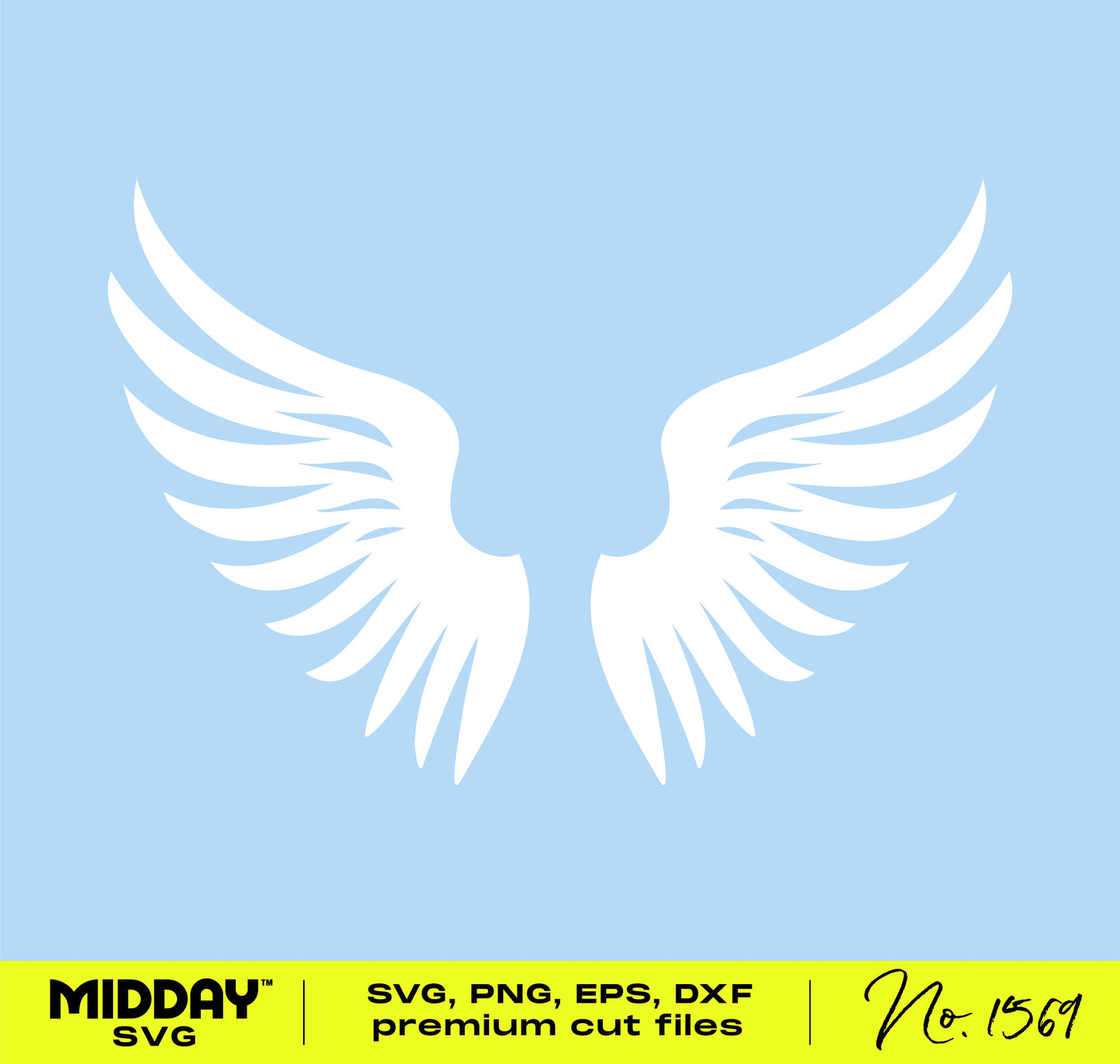 White angel wings SVG illustration on blue background, part of the Angel Wings Bundle for Cricut and Silhouette cutting machines.