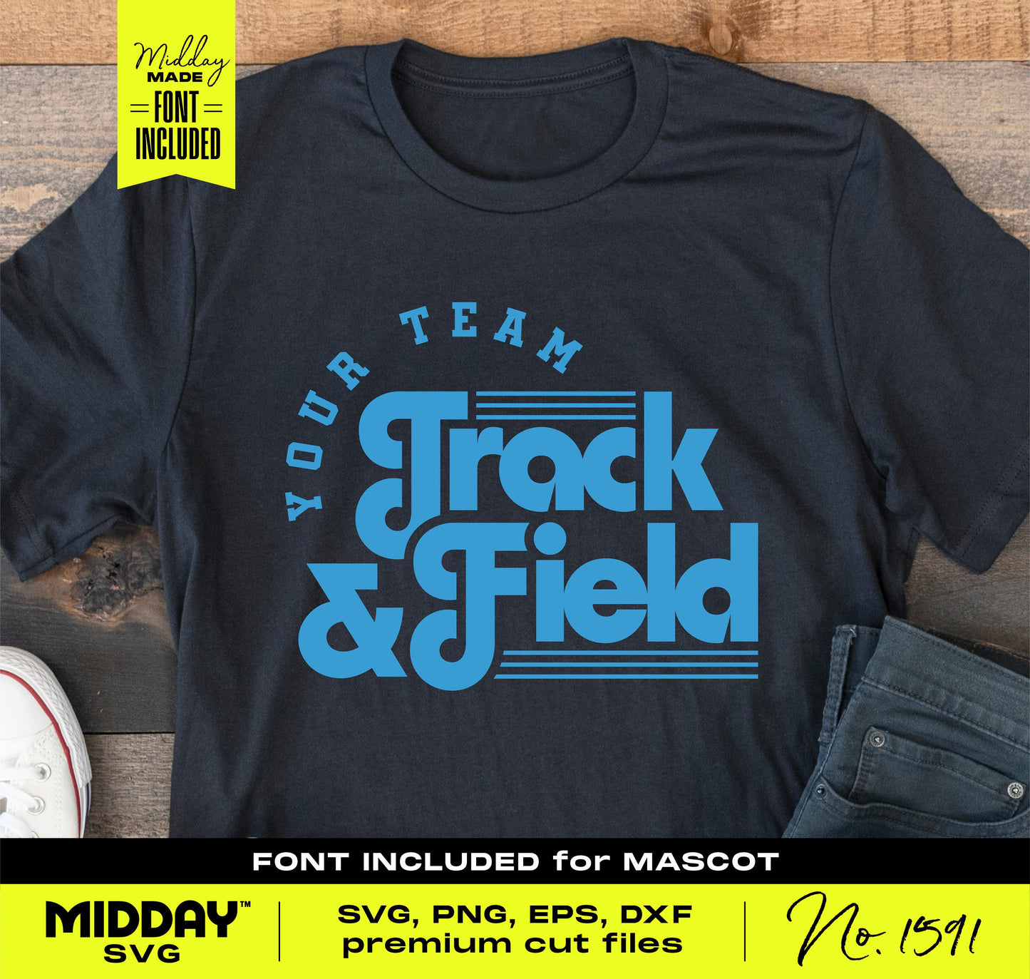 Track and Field SVG PNG design on a black t-shirt, perfect for customizing sports apparel and accessories. Includes font for mascot.