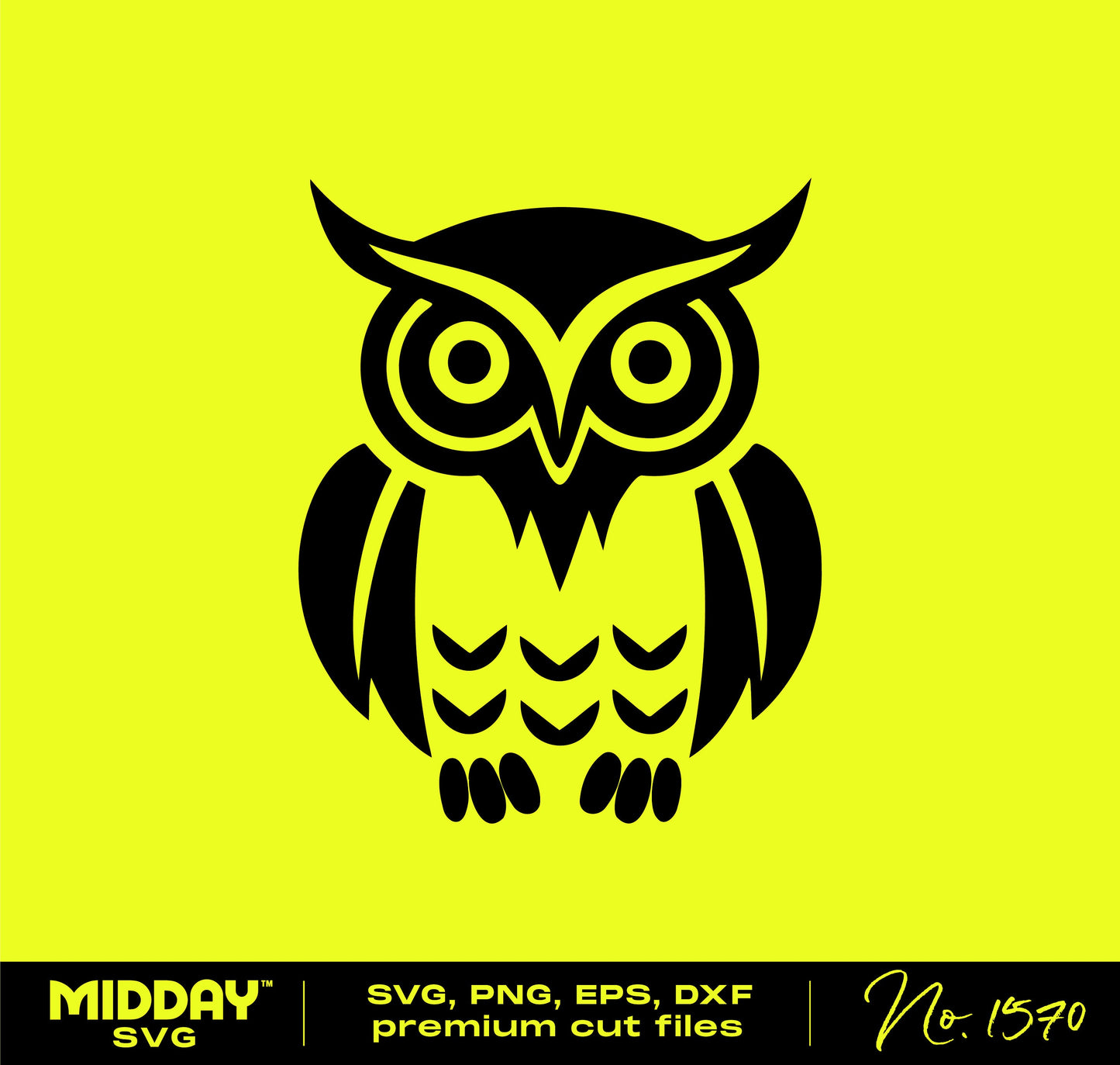 Stylized owl SVG cut file in black on a bright yellow background, suitable for Cricut and Silhouette use.