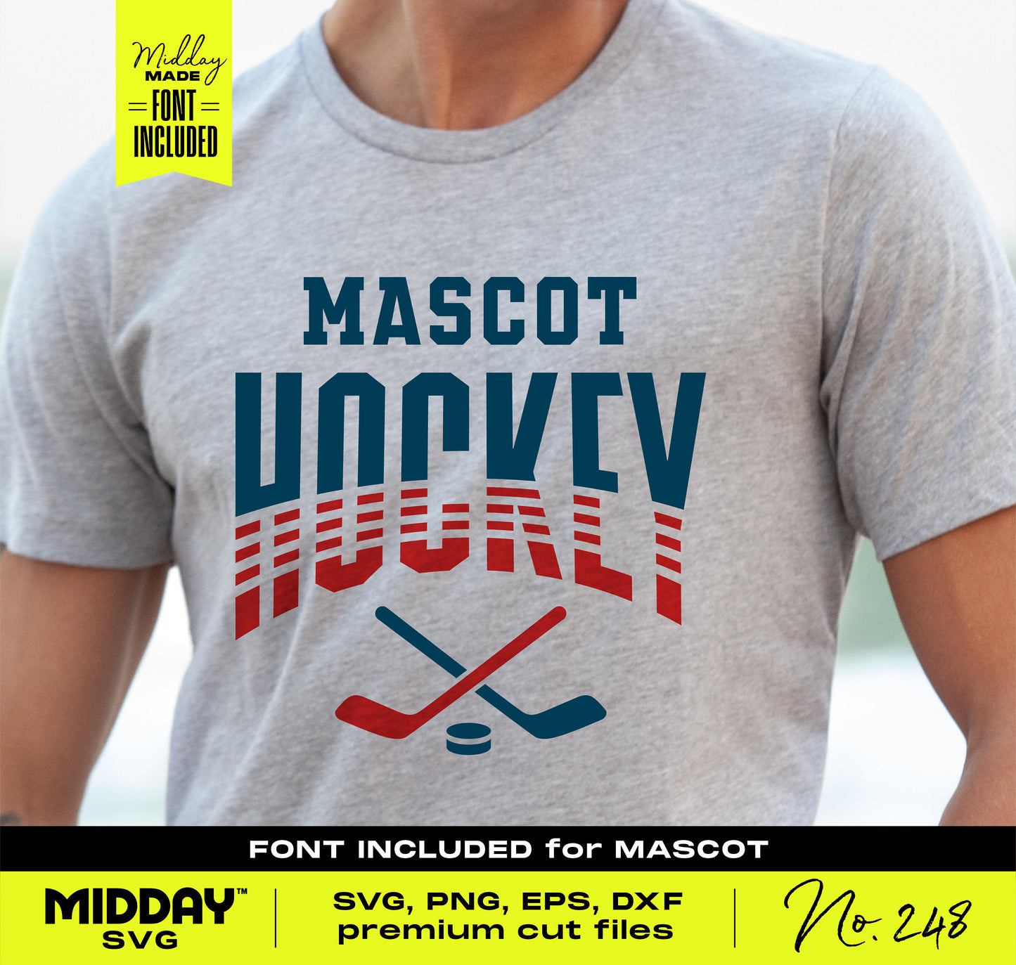 Person wearing a t-shirt with a hockey-themed design, including crossed hockey sticks and "Mascot Hockey" text. SVG files available.