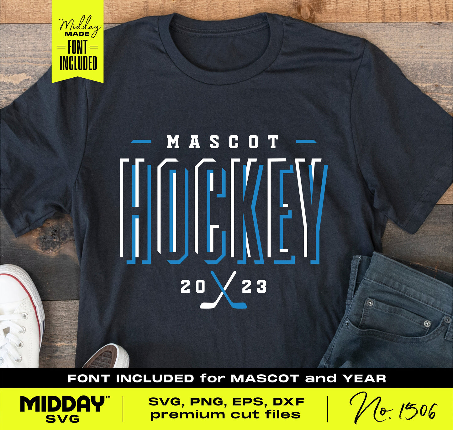 Black t-shirt displaying a blue and white hockey design with customizable mascot and year, including SVG, PNG, EPS, DXF formats.