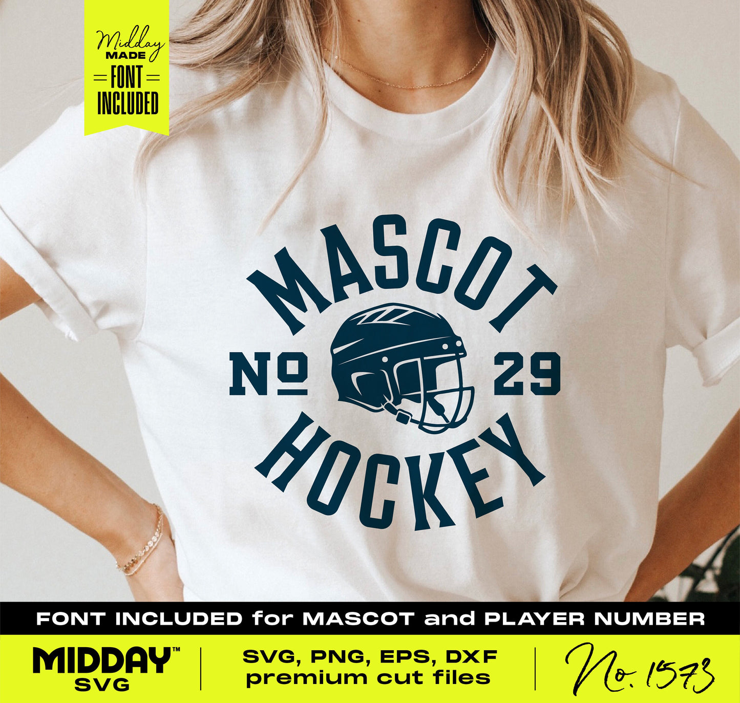 Woman wearing a white t-shirt with customizable hockey helmet SVG design featuring a mascot logo and player number, ideal for Cricut projects.