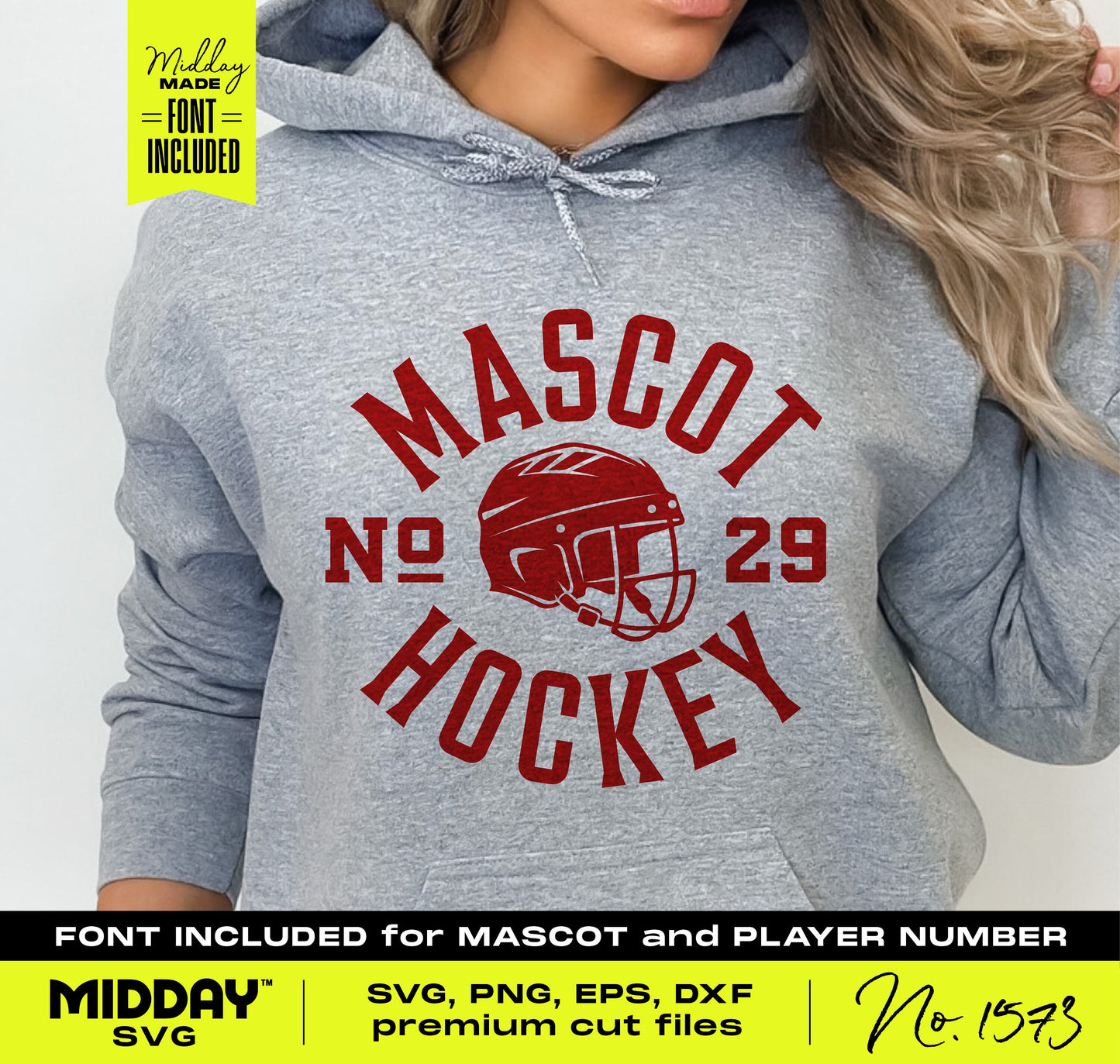 Gray hoodie featuring a customizable hockey helmet design with 'Mascot Hockey' text and number templates.