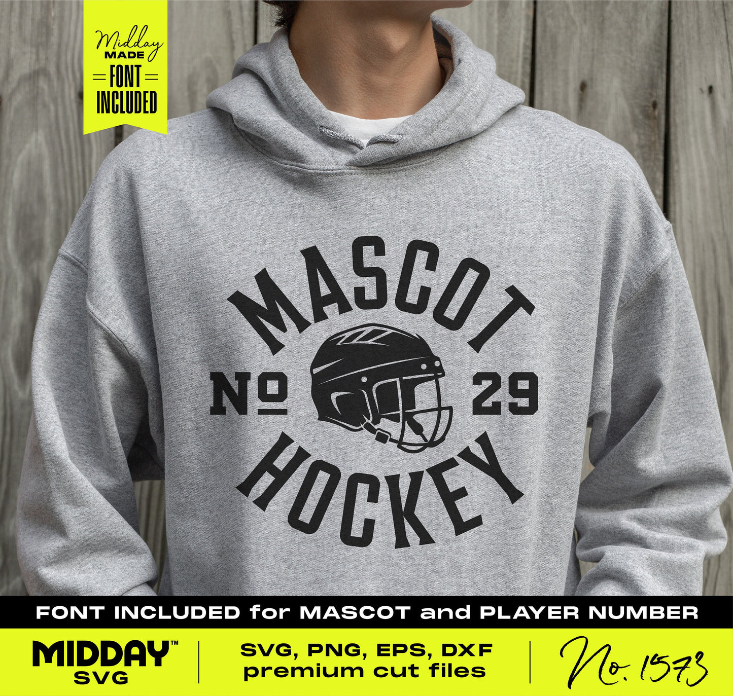 Gray hoodie featuring custom hockey helmet mascot design in SVG format, with number and font options for Cricut and Silhouette users.