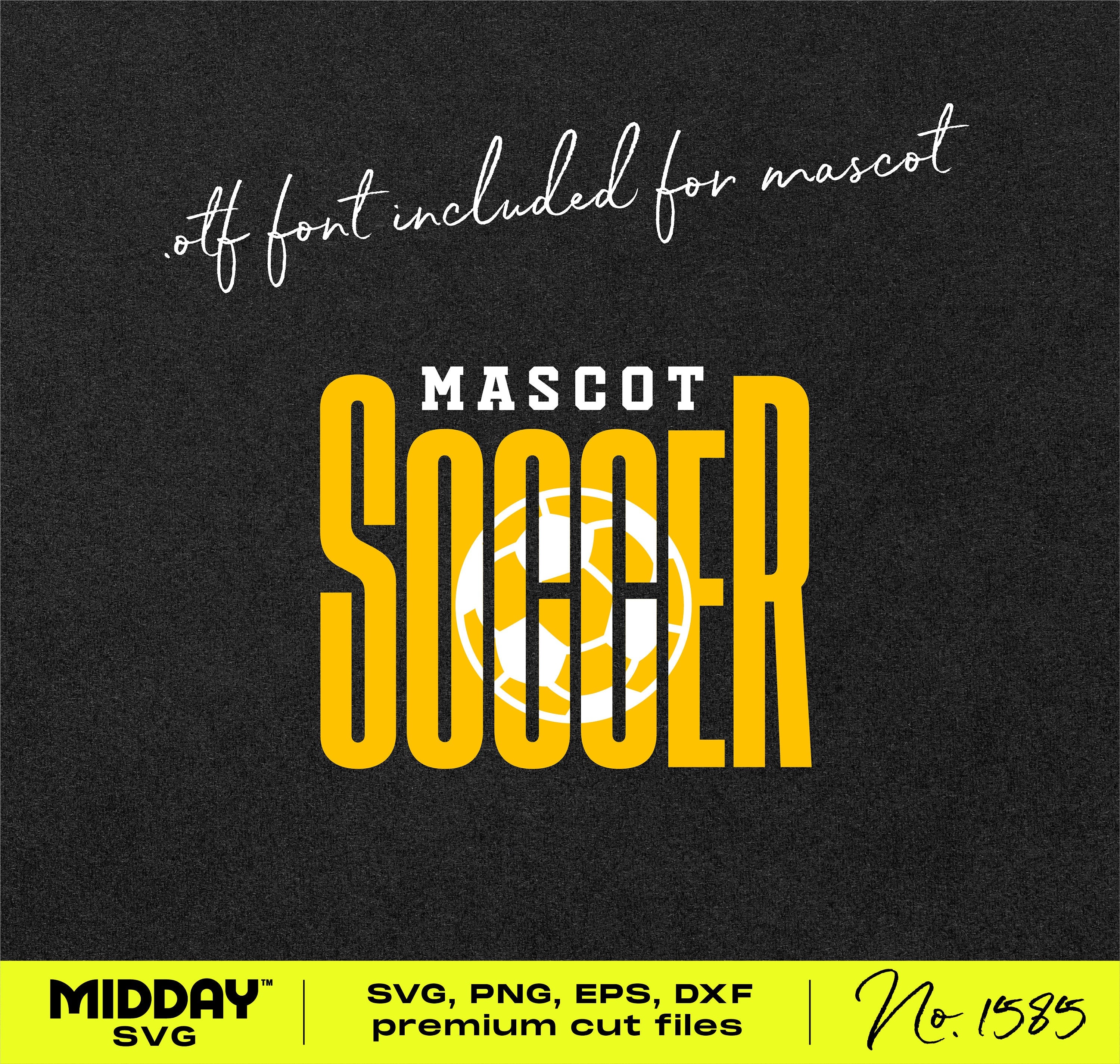 SVG template with custom font for mascot soccer team design, includes otf font, premium cut files for jerseys and gear customization.