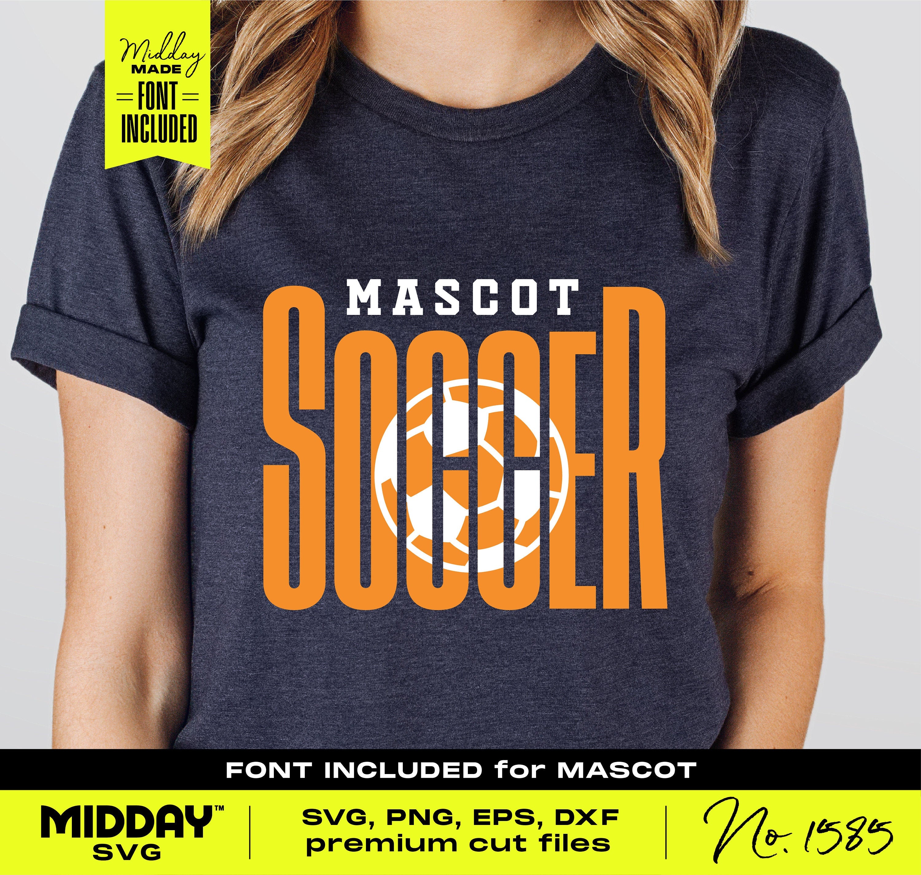 DIY Soccer Team Design - SVG Template and Font Bundle on a shirt, featuring 'Mascot Soccer' in bold letters. Font and cut files included.