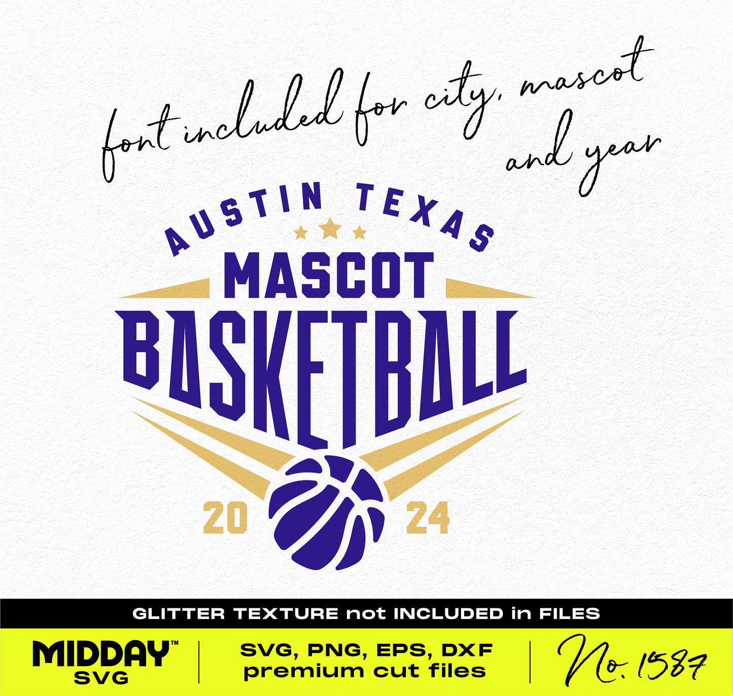 Bold basketball SVG design with customizable city, mascot, and year text, featuring vibrant colors and a basketball graphic for team apparel.