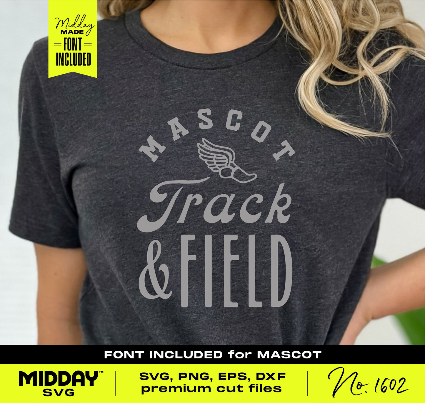 Woman wearing a black t-shirt with 'Mascot Track & Field' design, featuring sporty text and winged shoe graphic for team apparel.
